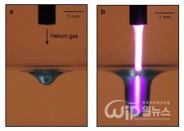 The Experimental photography showing the changes of liquid surface depending on plasma creation status [Photo provided = KAIST]