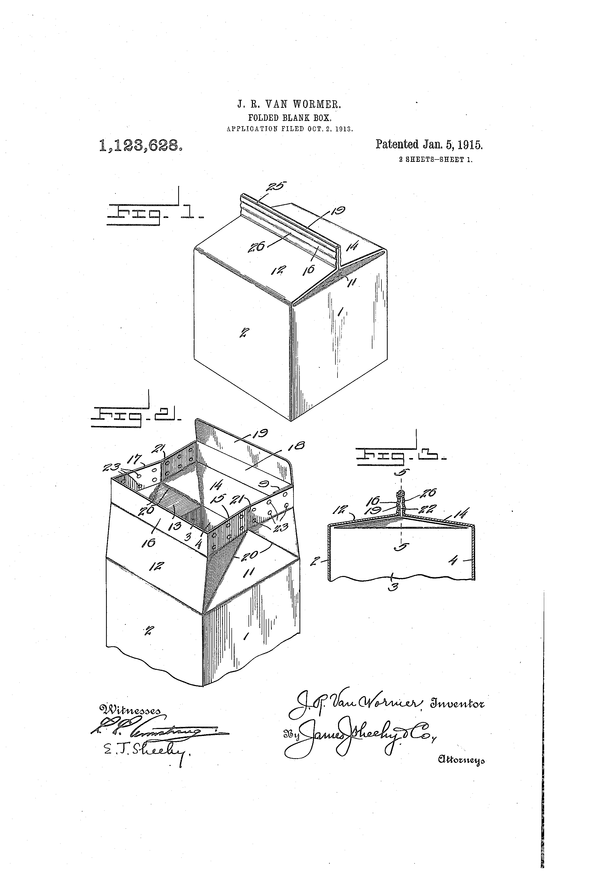 The patent of milk carton by John R Van Wormer [Photo provided = Google patents]   