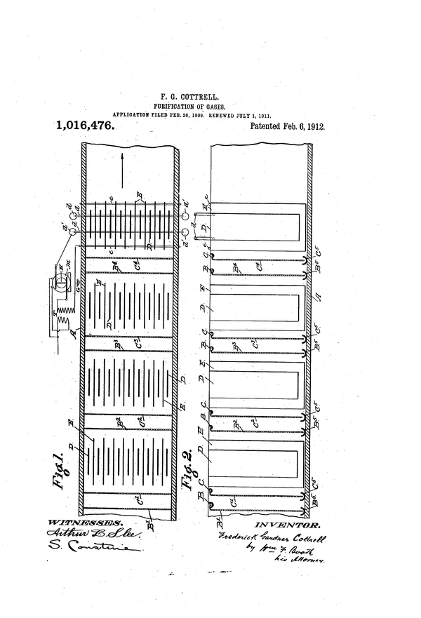 Frederick Gardner Cottrells ‘Electrostatic Precipitator patent [Photo provided : Google patents]